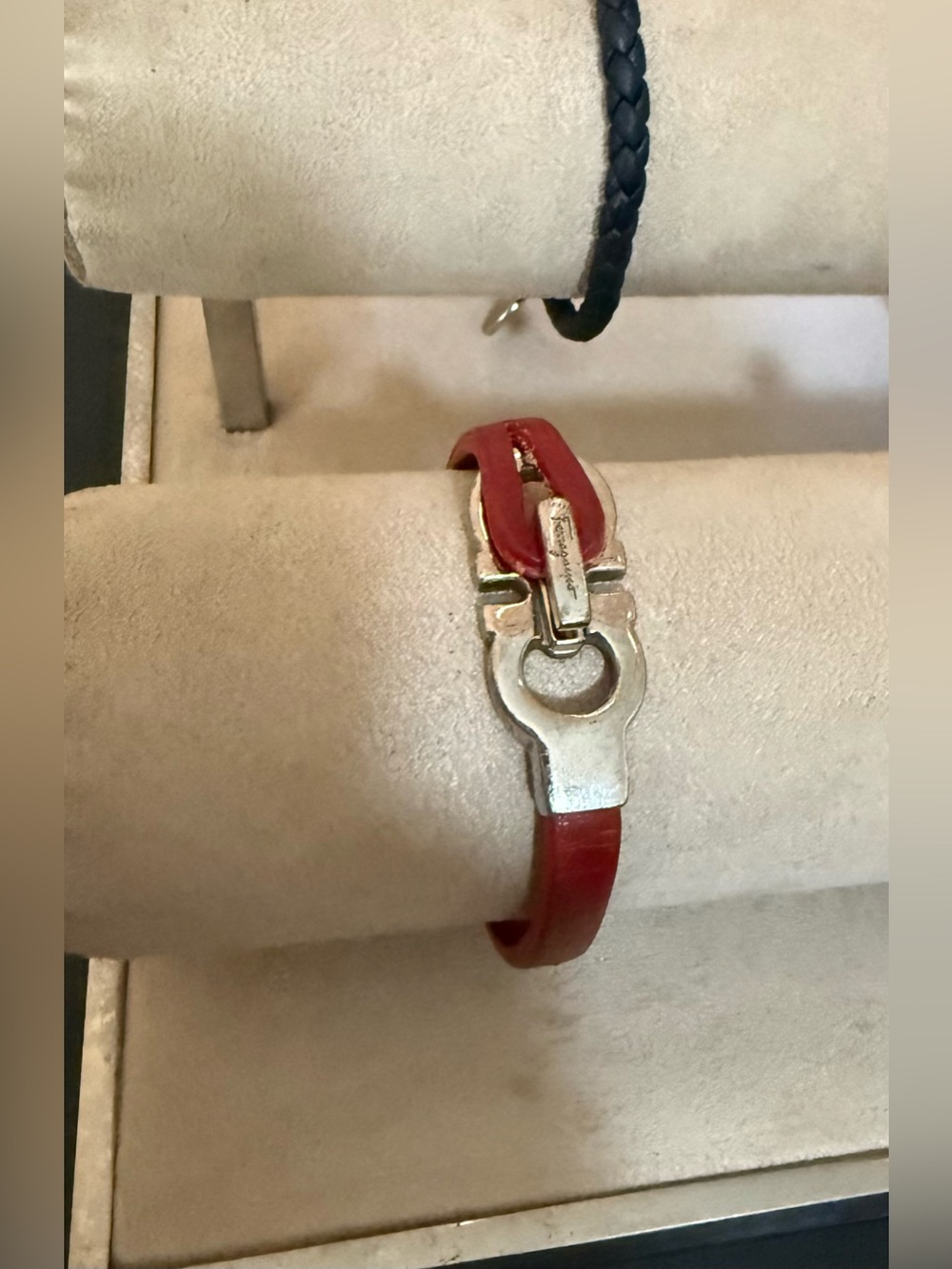 Ferragamo Red Leather Bracelet with Silver Logo Closure